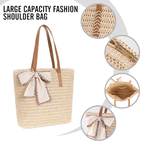Large Straw Beach Bag: Women's Handwoven Tote with Zipper Pocket - Lightweight Summer Purse for Travel & Work - color: Beige