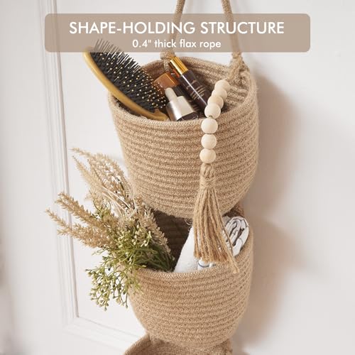 Fabric Wall Hanging Organizers - Small Woven Baskets Pouches Set Boho Style Wall Mounted Bag with Adhesive Hook, Storage Decoration Pocket Caddy for Closet Playroom RV Nursery (Linen & Black) - color: Linen & Black