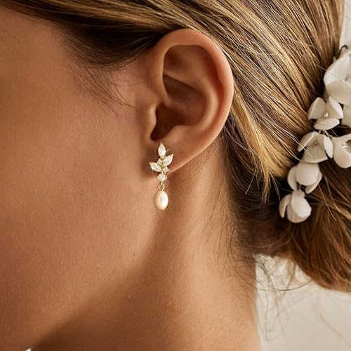 Hayopi Pearl Earrings for Women - Dainty Gold Dangle Drop Earrings, 14k Gold Plated Cute Bow Design, Hypoallergenic Pearl Studs, Wedding Jewelry Gifts - color: Mayan CZ earrings