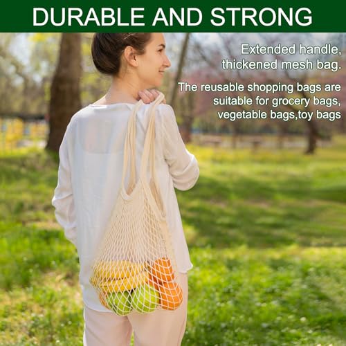 2-Pack Reusable Mesh Grocery Bags, 100% Cotton String, Long Handle Produce Bags, Fruit & Veggie Storage - color: Beige+blue-gray