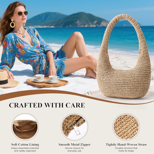 Straw Beach Bag for Women, Summer Tote Bag for Vacation, Hobo Shoulder Bag for Beach Wedding Travel - color: Brown