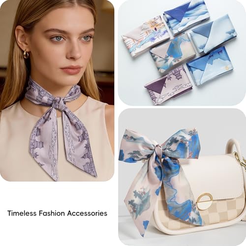 ZXZH 6 Pack Fashion Scarves for Women, Versatile Boho Head Scarf, Satin Scarf for Hair, Neck, Wrist, and Purse Accessories - color: Oriental Ink Landscape