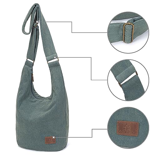 Coton Pose Women Hippie Crossbody Bag - Top Zip Large Capacity Canvas Sling Bag - Jacquard Cloth Handmade - color: Denim Green