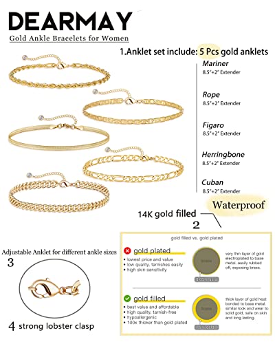DEARMAY 14K Gold Plated Bracelets for Women, Jewelry Sets Cute Tennis Beaded Bracelets Cuban Link Paperclip Chain Dainty Bracelet Pack Gifts - color: ANKLET-A