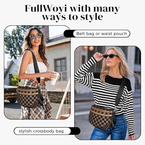 Spacious Nylon Checkered Crossbody Bum Bag for Women, Fashion Checkerboard Fanny Pack Purse with Anti-theft Pocket, Adjustable Wider Strap Wasit Bag (Black-Brown) - color: Black-Brown