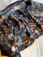 100% Pure Mulberry Silk Scarf 43”*43” Large Square Lightweight Headscarf Women’s Hair Wraps Shawls with Gift Packed - color: Black Flower