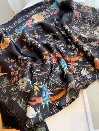 100% Pure Mulberry Silk Scarf 43”*43” Large Square Lightweight Headscarf Women’s Hair Wraps Shawls with Gift Packed - color: Black Flower