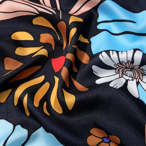 AWAYTR 35” Silk Scarf for Women Large Head Scarf Square Hair Scarf Satin Hair Bandana Printed Silk Sleeping Head Wrap - color: Cartoon Flower(black)