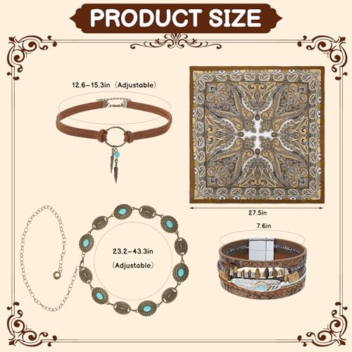 JATEBI 4 Pcs Western Cowgirl Jewelry Set for Women, Boho Turquoise Accessories with Head Scarf, Concho Belt, Necklace, Bracelet for Country Concert