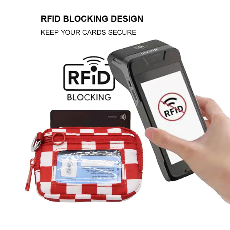 Nylon Wristlet Wallet for Women,Quilted RFID Blocking Small Zipper Coin Purse Keychain Wallet with ID Window Lightweight Travel Wristlet wallet - color: Red White Lattice
