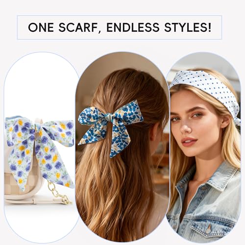 ZXZH 6 Pack Fashion Scarves for Women, Versatile Boho Head Scarf, Satin Scarf for Hair, Neck, Wrist, and Purse Accessories - color: Blue Preppy Print