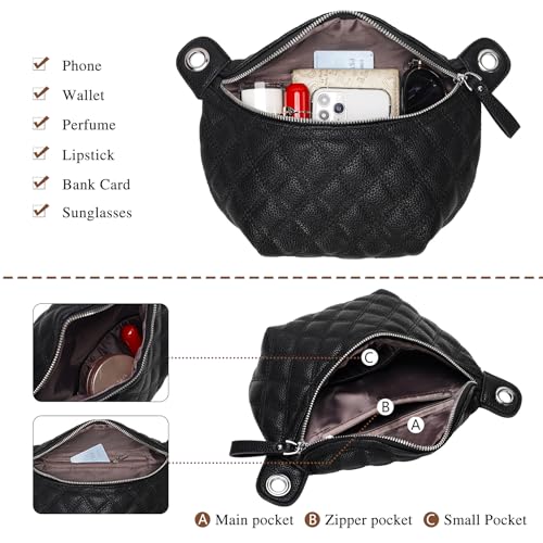 Women's Quilted Crossbody Waist Pack, PU Leather Fanny Pack Sling Bag with Adjustable Belt, Small Shoulder Purse for Travel, Daily Use (B-Black) - color: D-Black