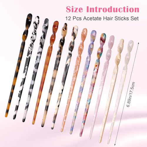 12P Acetate Hair Sticks Set, Coldairsoap 12 Colors Tortoise Shell Hair Pins Straight Chopsticks Vintage French Hair Forks for Women (12P)