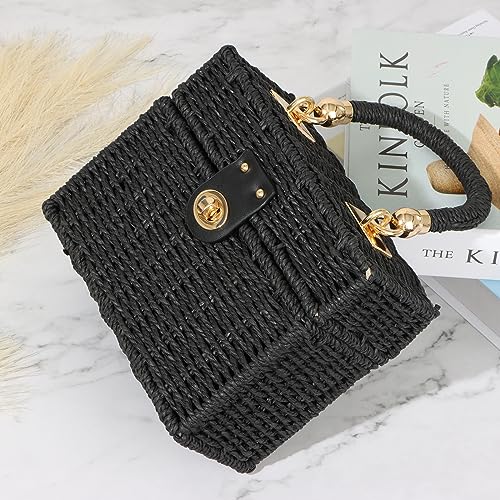 Fecialy Women Handwoven Rattan Handbag Beach Straw Tote Bag Square Boho Crossbody Bag - color: Black