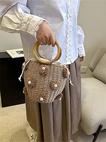 Summer Straw Bag for Women Pearl Flower Bucket Tote Bag Diamond Handbag Hand Woven Rattan Shell Purse Drawstring - color: A-khaki