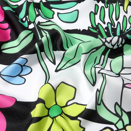 AWAYTR 35” Silk Scarf for Women Large Head Scarf Square Hair Scarf Satin Hair Bandana Printed Silk Sleeping Head Wrap - color: Cartoon Flower(white&black)