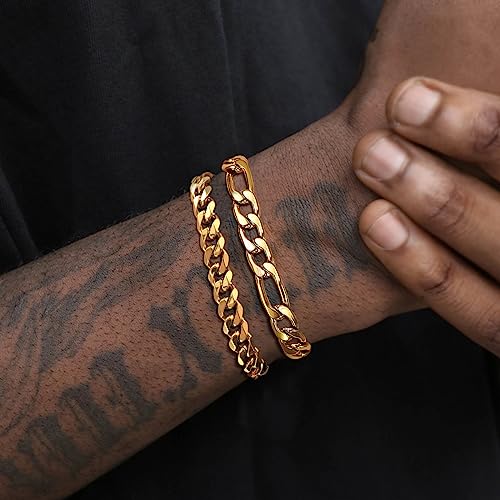 2Pcs Stainless Steel Bracelets for Men 14K Gold Plated Cuban Link Figaro Rope Silver Chain Bracelet Set Curb Width Sturdy Bracelet 7.5/8.3/9 Inches Jewelry Gifts for Dad Husband - color: B:Gold-Figaro+Cuban Link, size: Display Length: 8.3 Inches