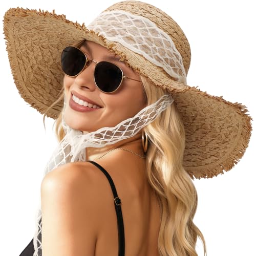 Womens Beach Sun Straw Hat, Wide Brim Sun Hat Travel Foldable Summer Wind Lanyard UPF 50+ - color: Khaki With Lace