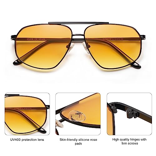 SOJOS Retro Hexagon Aviator Sunglasses for Women Men Trendy Vintage UV400 Protection Shades SJ1200 - color: Black/Yellow Tint