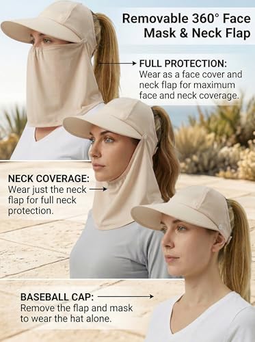 Outdoor Wide Brim Sun Hat Visor for Women, Detachable Face & Neck Cover, Hiking Gardening UPF 50+, Ponytail Friendly - color: Beige