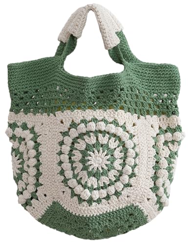 Womens Summer Boho Crochet Beach Tote Bag Handmade Woven Handbag Large Travel Vacation Shopper Straw Purse - color: Green