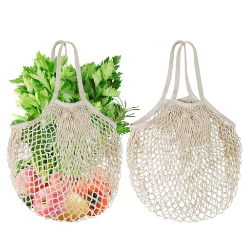 2-Pack Reusable Mesh Grocery Bags, 100% Cotton String, Long Handle Produce Bags, Fruit & Veggie Storage - color: Beige