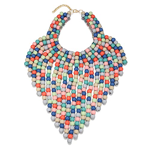 COLORFUL BLING Boho African Wooden Beaded Bib Statement Choker Necklace Long Multi Strand Chunky Layered Collar Tassel Necklace for Women Handmade Jewelry - color: blue mix
