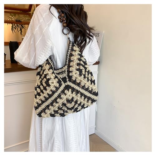 OANEXX Summer Straw Hobo Bags for Women Boho Woven Mesh Beach Tote Bag Large Capacity Crochet Vacation Shoulder Handbag - color: Black