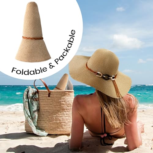 Beach Sun Straw Hats for Women, UPF 50+ UV Sun Protection Wide Brim Summer Straw Hat Foldable Packable Roll up Cap - color: Buckle - Khaki & Beige