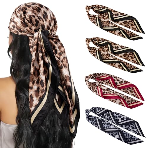 HBselect 4PCS Head Scarf for Women 35” Head Scarves Silk Like Satin Neck Scarfs Square Bandana Hair Wraps Scarf for Sleeping - color: Leopard Print