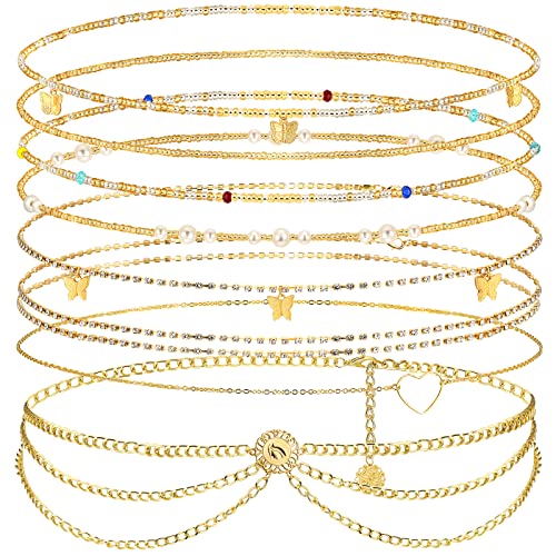 JenPen 8 Pcs Belly Chain Adjustable Waist Chain Summer Beach Bikini Waist Body Beads for Women Adults Multilayer - style: Elegant Style