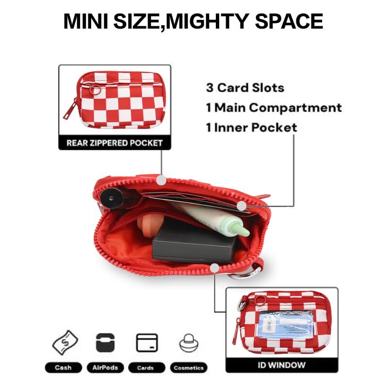 Nylon Wristlet Wallet for Women,Quilted RFID Blocking Small Zipper Coin Purse Keychain Wallet with ID Window Lightweight Travel Wristlet wallet - color: Red White Lattice