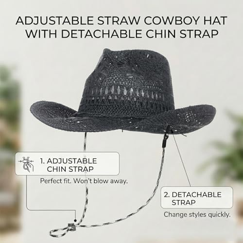 Men & Women's Summer Cowboy Cowgirl Straw Hat Hollow Out Woven Roll Up Wide Brim Sun Hat with Chin Strap - color: Black