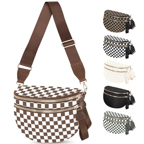 Spacious Nylon Checkered Crossbody Bum Bag for Women, Fashion Checkerboard Fanny Pack Purse with Anti-theft Pocket, Adjustable Wider Strap Wasit Bag (White-Brown) - color: White-brown