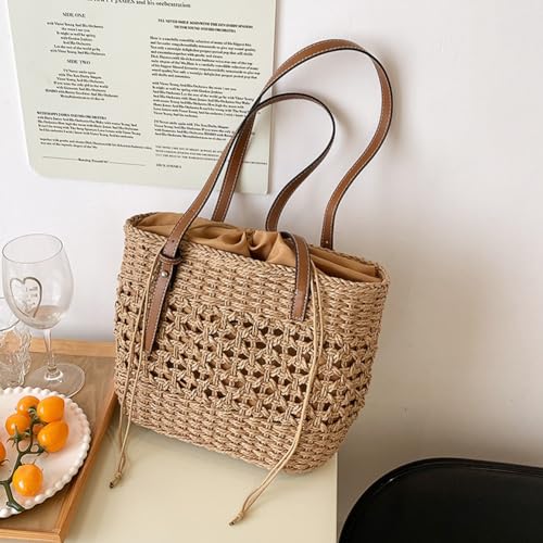 Stylish Boho Straw Tote Bag Hand-woven Purse Beach Handbag Summer Shoulder Bag With Adjustable Strap - color: Khaki