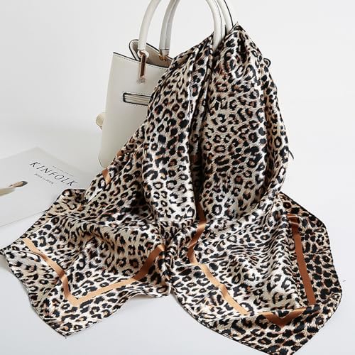Women's Silky Satin Large Head Scarf Leopard/Paisley Neck Scarves Square Hair Wrapping Sleeping Bandana 35in - color: Coffee-leopard-s