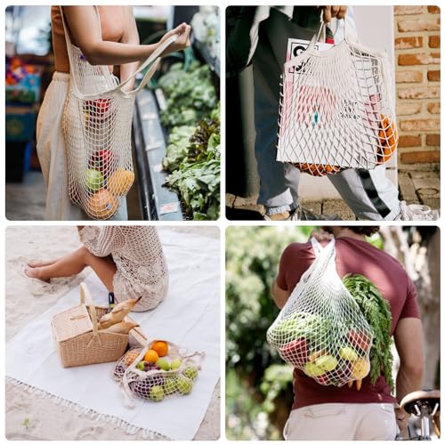 2-Pack Reusable Mesh Grocery Bags, 100% Cotton String, Long Handle Produce Bags, Fruit & Veggie Storage - color: Beige+blue-gray