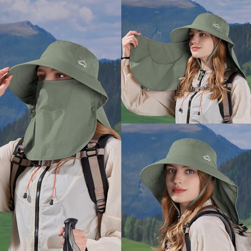 Sun Hat for Men Women with Neck Flap,UPF 50+ UV Protective Hiking Fishing Hats,Wide Brim Sun Hat for Women&Men - color: 1pack-style2-green(with Face Cover)