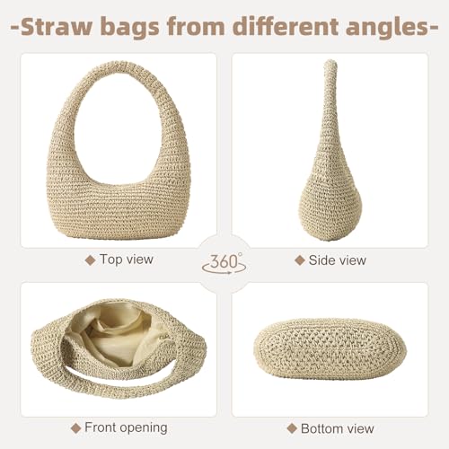Straw Beach Bag for Women, Summer Tote Bag for Vacation, Hobo Shoulder Bag for Beach Wedding Travel - color: Beige