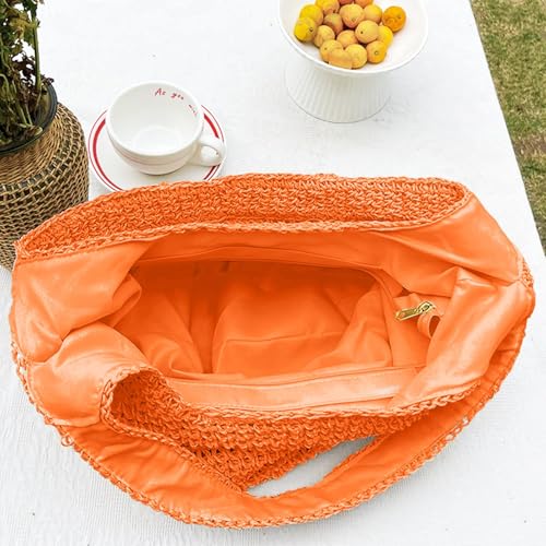 Hand-woven Soft Large Straw Shoulder Bag Boho Straw Handle Tote Retro Summer Beach Bag Rattan Handbag - color: Orange