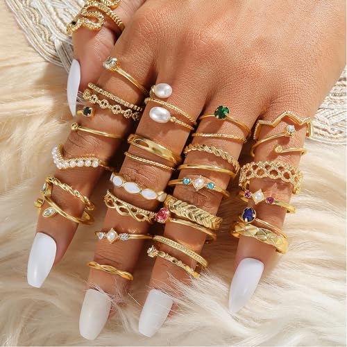 Gold Boho Sparkle Knuckle Rings Set For Women, Vintage Fashion Aesthetic Trendy Joint Snake Ring Pack, Retro Green Black Pink Colorful Rhinestone Star Crystal Leaf Diamond Pearl Jewelry - color: Gold-30Pcs