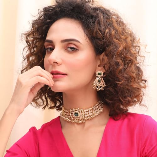 TARINIKA Brass Indian Choker Necklace Set - Gold Plated Cubic Zirconia Indian Jewelry Sets for Women Dangle, Drop, Jhumka Earrings Traditional Desi Necklace Pearls Gift for her - style: Ethnic