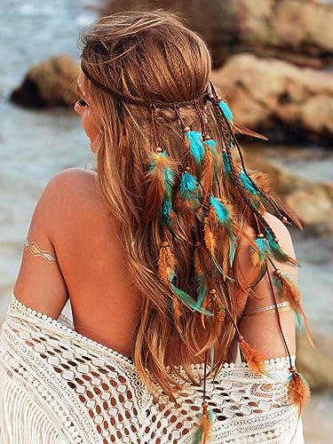 GORTIN Boho Feather Headband Gypsy Costume Headdress Black Bohemian Hippie Headbands Indian Festival Hair Band Adjust Long Feather Headpiece Hair Accessory for Women and Girls (Blue+Brown) - color: Blue+Brown