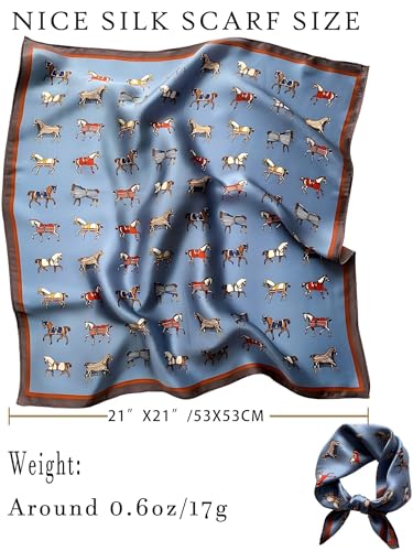 100% Mulberry Silk Scarf for Women Hair Lightweight Square Neckerchief Wrap For Head Scarves 21" - color: 20-dark Blue Horse /21"*21"
