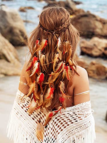 GORTIN Boho Feather Headband Gypsy Costume Headdress Black Bohemian Hippie Headbands Indian Festival Hair Band Adjust Long Feather Headpiece Hair Accessory for Women and Girls (Red+Brown) - color: Red+Brown