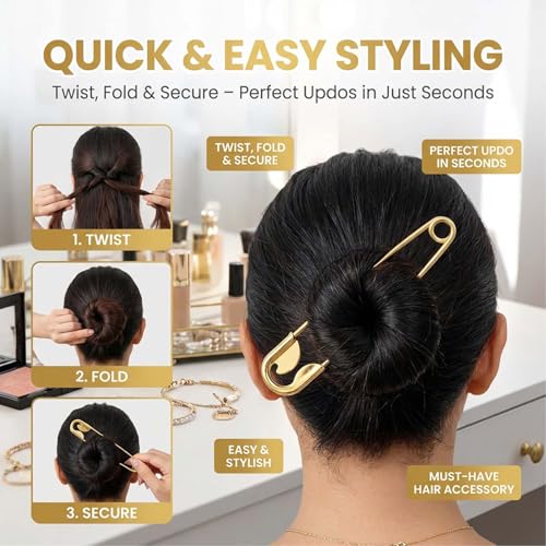 Mega Safety Hairpin - Mega Safety Pin Hairpin, Oversized Metal Hair Pin for Bun & Updo, Stylish Hair Stick Bun Holder - color: 3PCS-A