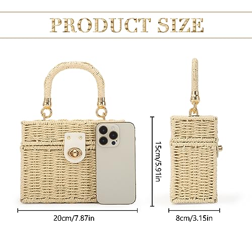 Fecialy Women Handwoven Rattan Handbag Beach Straw Tote Bag Square Boho Crossbody Bag - color: Beige