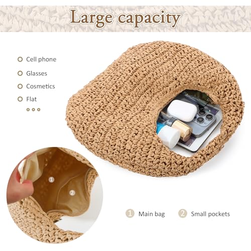 Fecialy Straw Bag for Women Crescent Shoulder Handbag Straw Summer Beach Tote Handbag Raffia Woven Hobo Bag - color: Brown