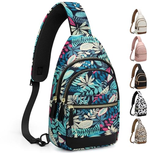 Capolo Sling Bag for Women Men Waterproof Crossbody Bags for Women Trendy Casual Fanny Pack with Convertible Shoulder Strap Chest Bag for Travel Hiking(Blue Leaves, Medium) - color: Blue Leaves, size: Medium