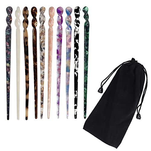 10 Pieces Acetate Hair Sticks, Women Styling Hair Vintage, Leopard Print Tortoise Shell Hairpin, Girls Chopsticks Hairpins, Disk Hair Sticks for Long Hair, Hair Accessories with Flannelette Bag - color: Vibrant Pattern